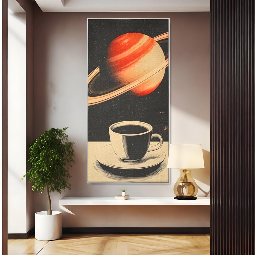 Tablou canvas cu ilustratie cu ceasca de cafea si planeta saturn, in rama de aluminiu argintiu